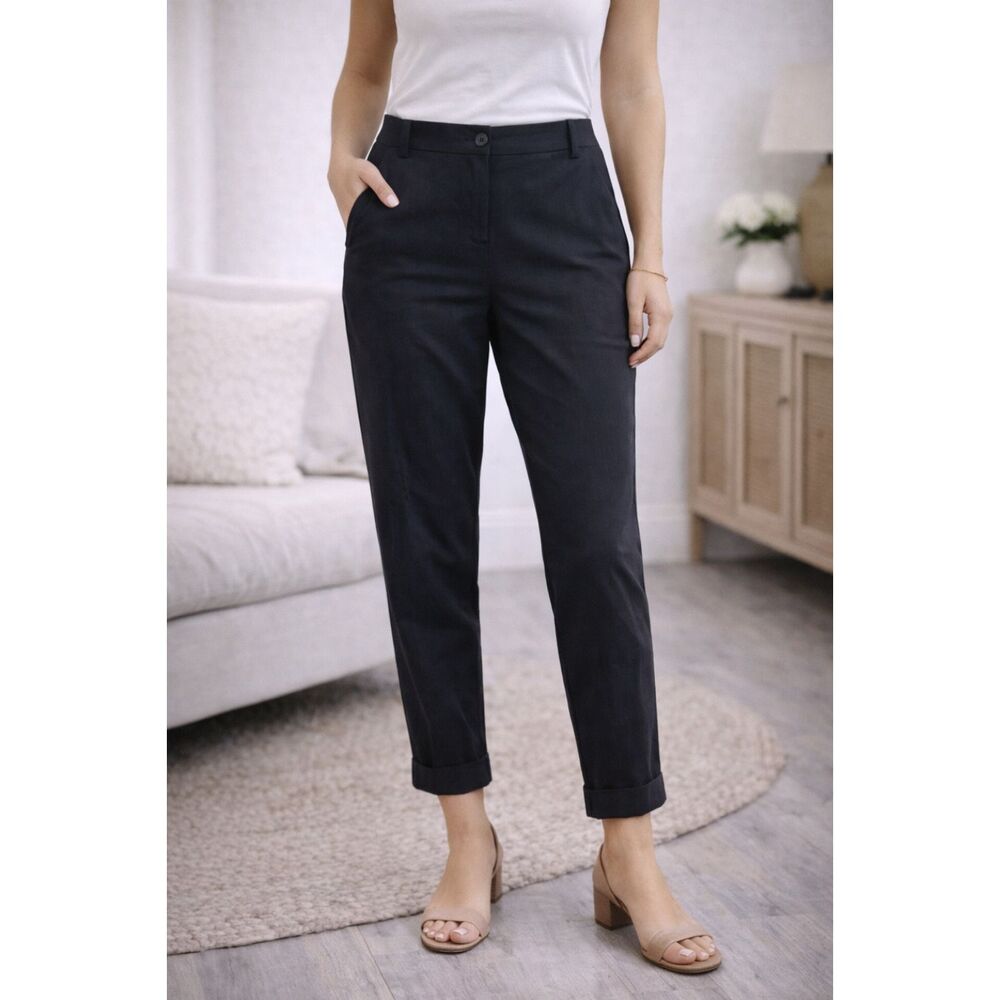 Eileen Fisher Organic Linen Petite Cuffed Hem Pants Black PS